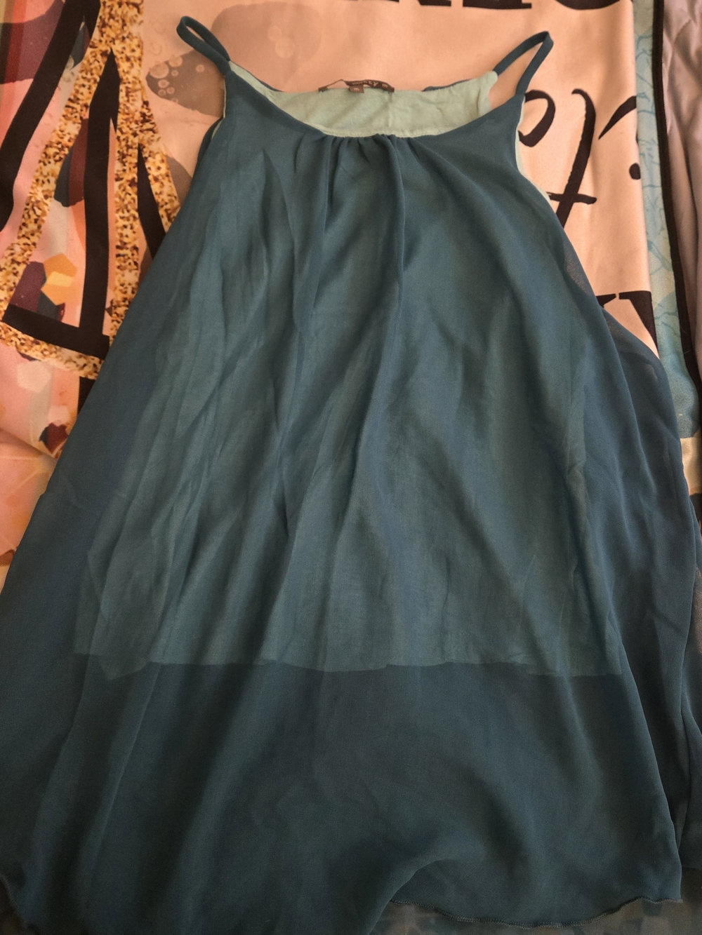 Teal High Neckline Chiffon Overlay Top